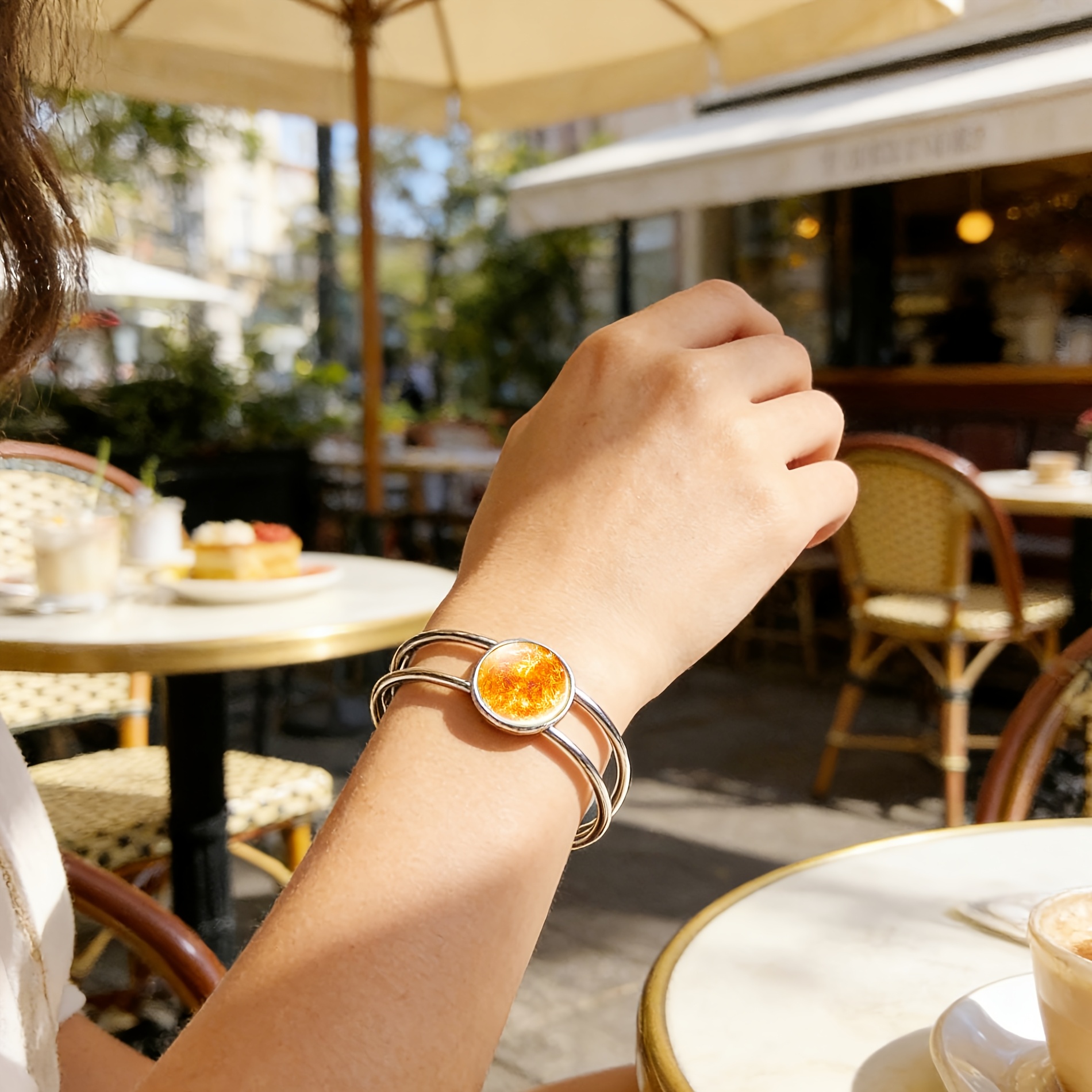 Adjustable Open Bangle with Celestial Sun & Star Gemstone Inlay
